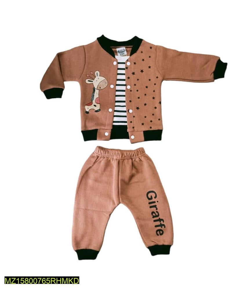 Two Pcs Baby Boy’s Stitched Lycra Printed Shirts And Trousers Set