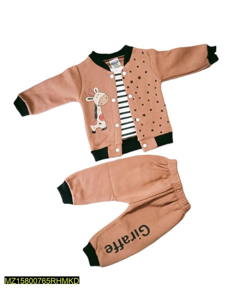 Two Pcs Baby Boy’s Stitched Lycra Printed Shirts And Trousers Set