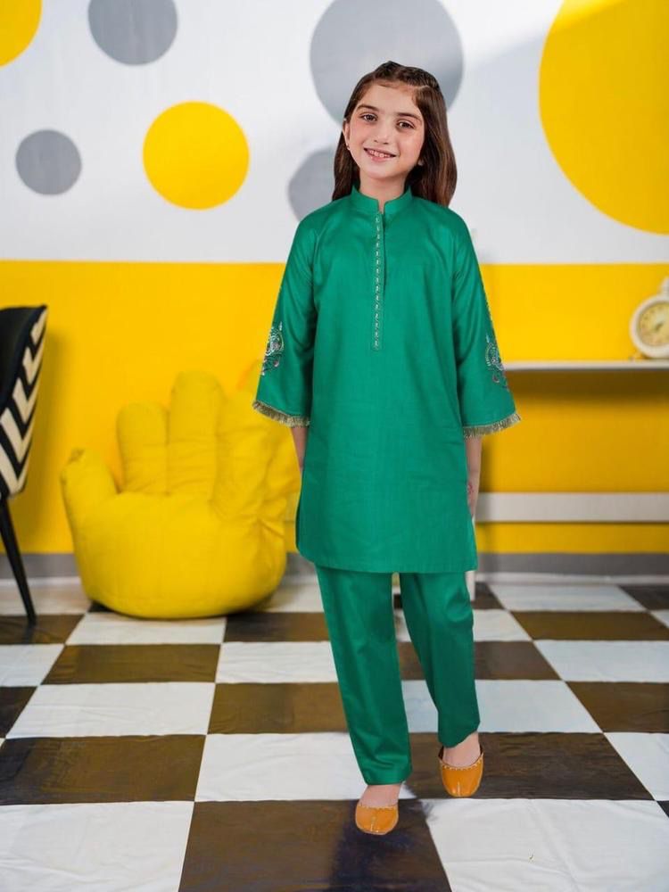 Girl’s Cotton Embroidered Shirt And Trousers Suit