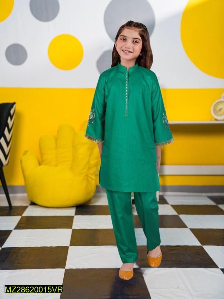 Girl’s Cotton Embroidered Shirt And Trousers Suit