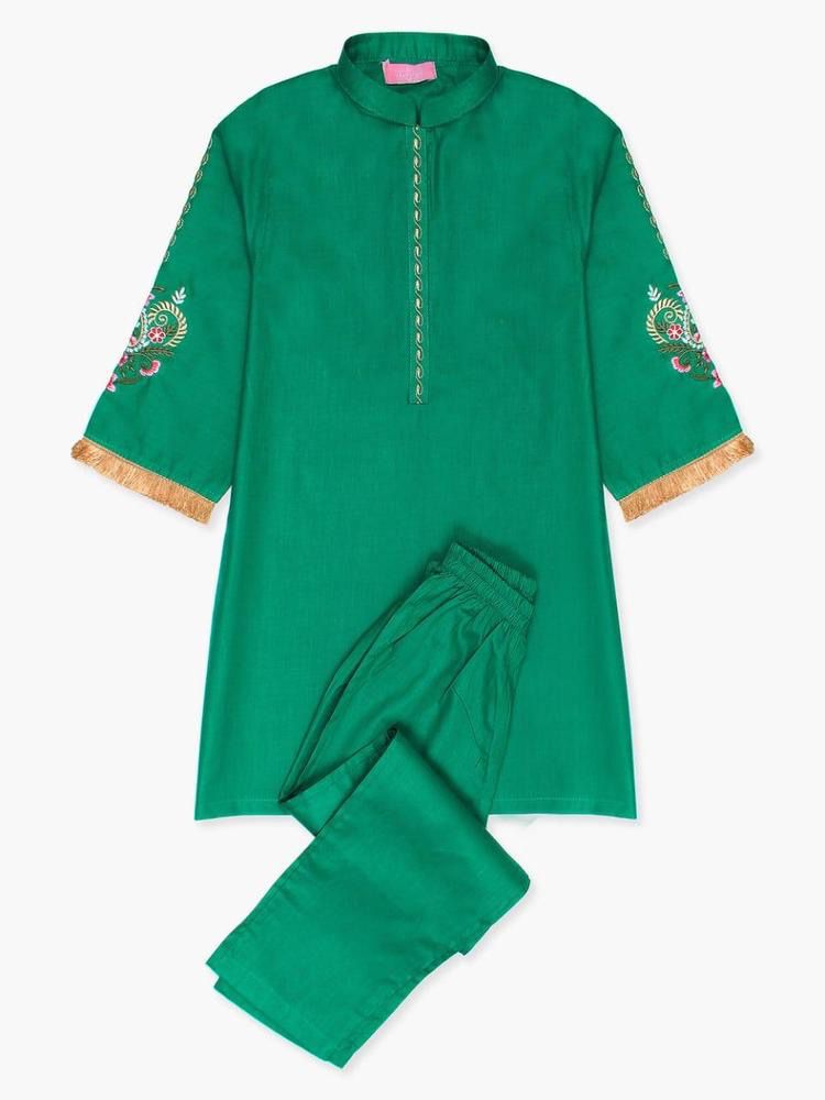 Girl’s Cotton Embroidered Shirt And Trousers Suit